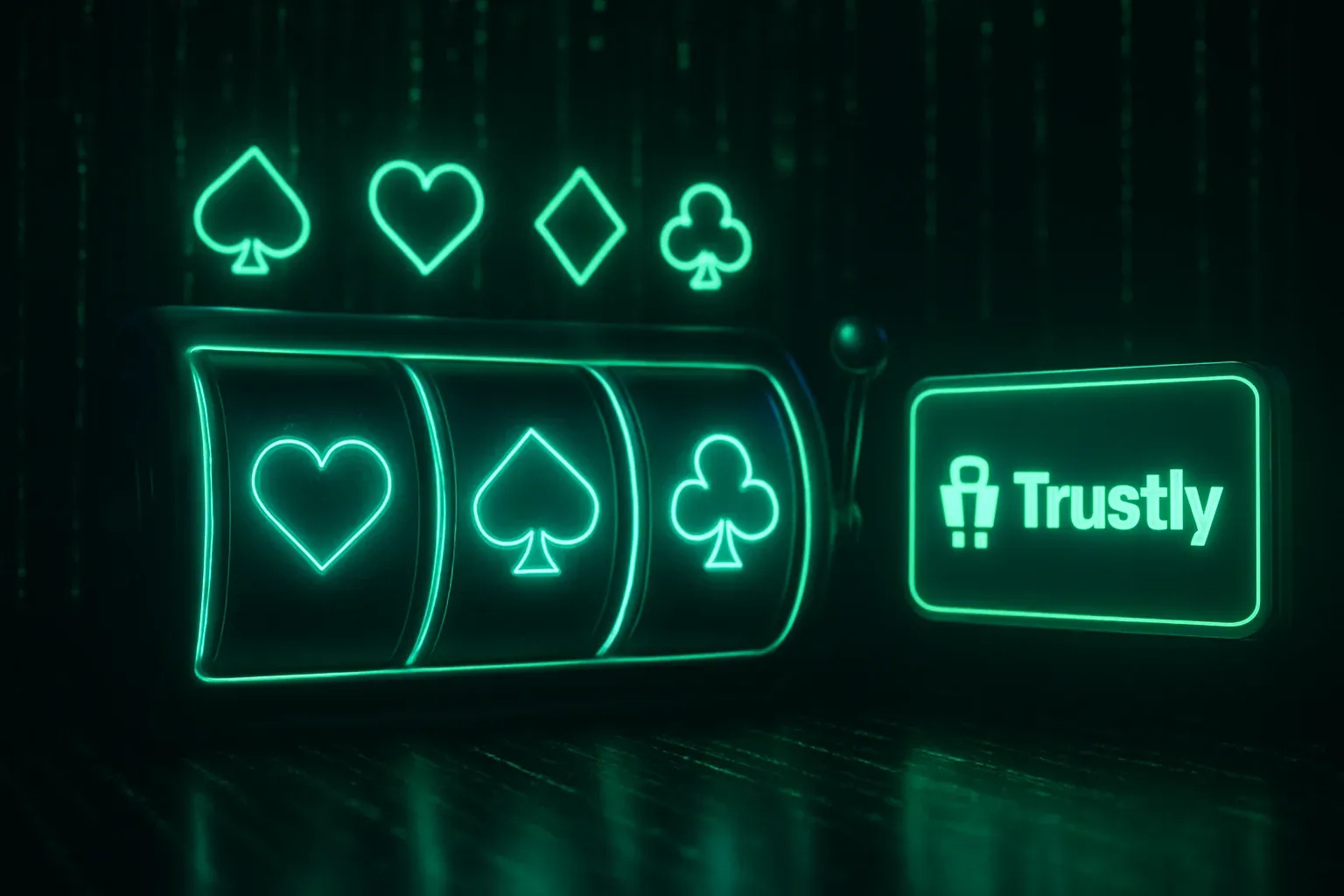 Kyberpunk-tyylinen suomalainen kasinotausta, vihreä koodisade, neonkortit ja Trustly-merkki