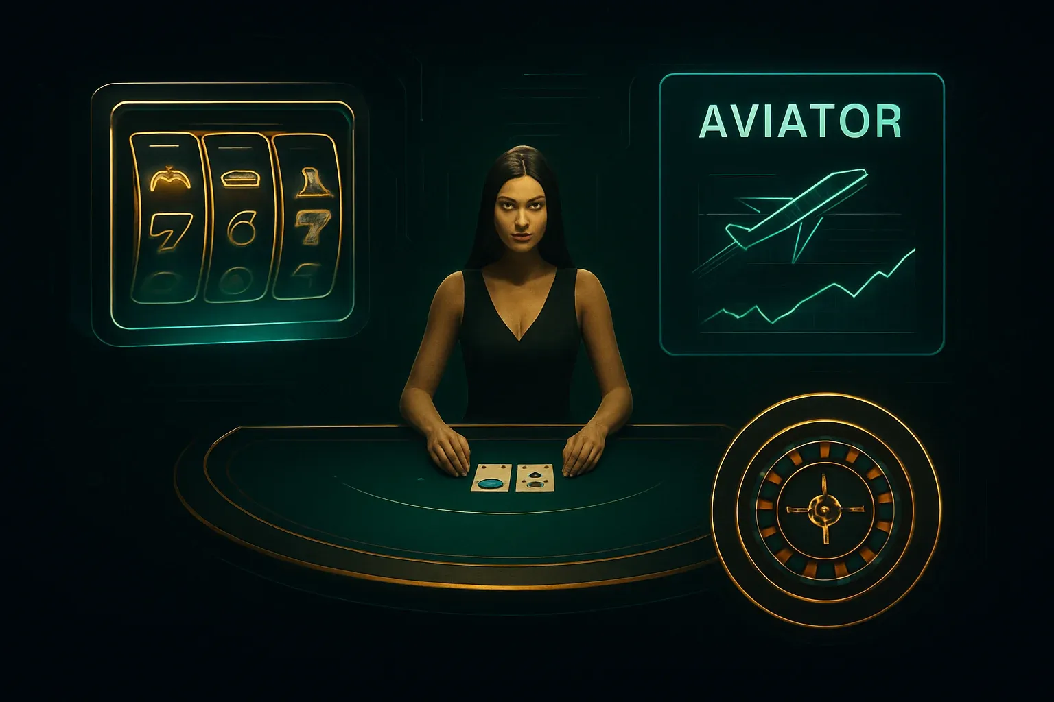 Futuristinen kasinopeliruudukko holografisilla kolikkopeleillä, blackjackilla, aviatorilla ja ruletilla