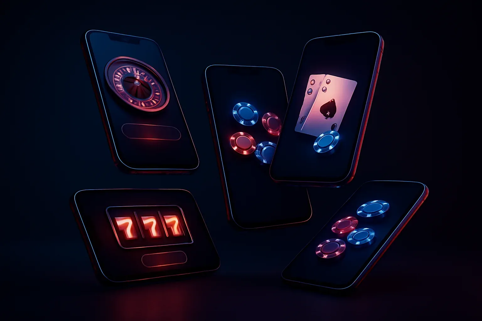 Useita älypuhelinnäyttöjä kasinosovelluksen käyttöliittymällä tummalla neon-taustalla