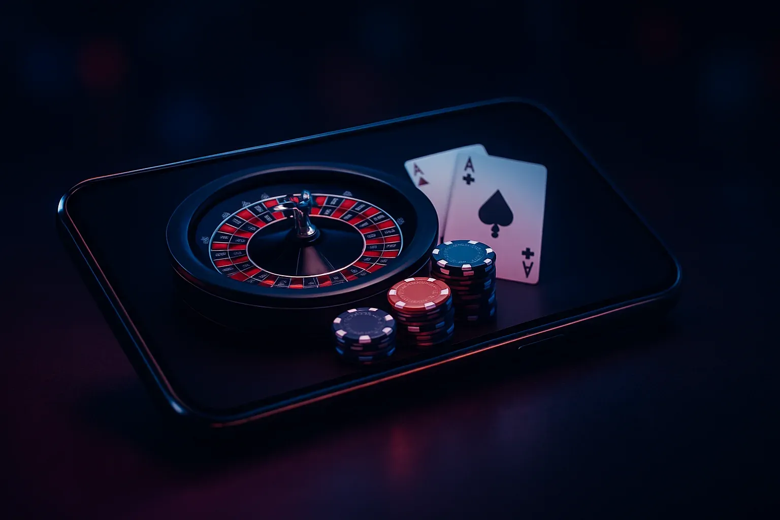 Tumma premium mobiilikasino-sovellusmockup, älypuhelin ja neonhehku tummalla taustalla
