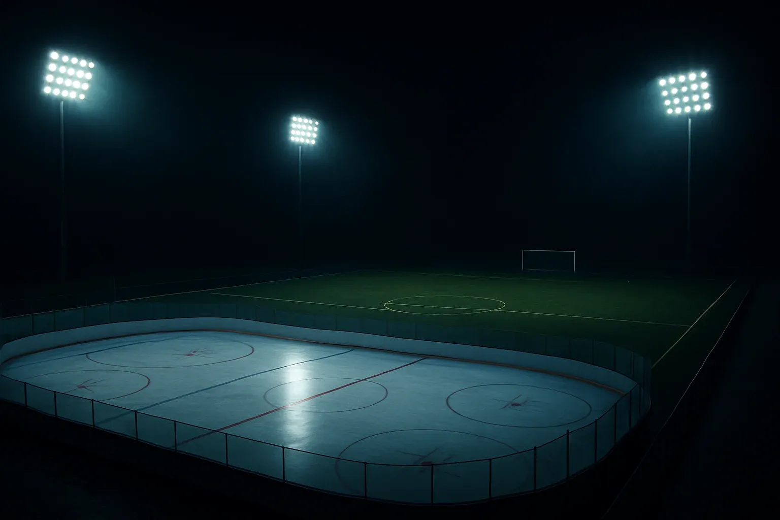Tumma premium-vedonlyöntikuva, yöstadionin valot, jääkiekko ja jalkapallo